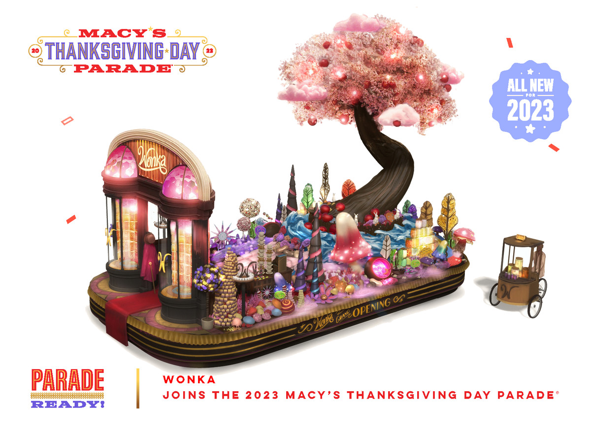 The Wonka float for the Macy’s Thanksgiving Day Parade, which includes a faux chocolate cherry tree. 