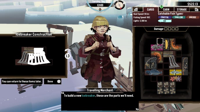 A conversation with a character in Dredge's Pale Reach DLC