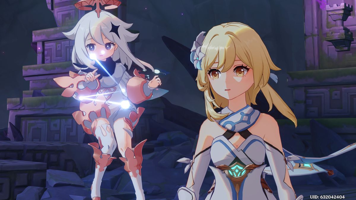 lumine and paimon looking distressed in genshin impact.