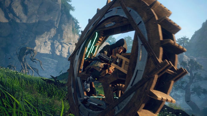 Wild Hearts image showing a Hunter in the Roller Karakuri vehicle.