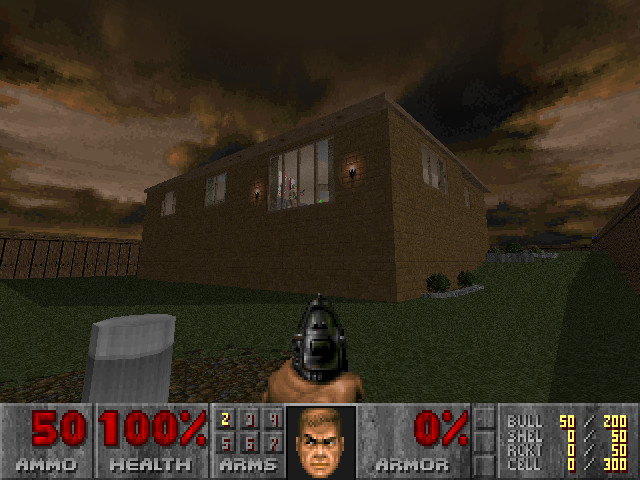 A game made on top of Doom, called MyHouse. A person points a gun at a house.