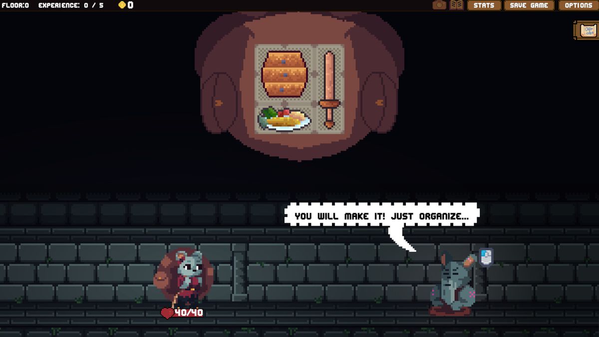 A screenshot from Backpack Hero, with a mouse on the bottom of the screen. The backpack is open up top, showing three items, including a sword.