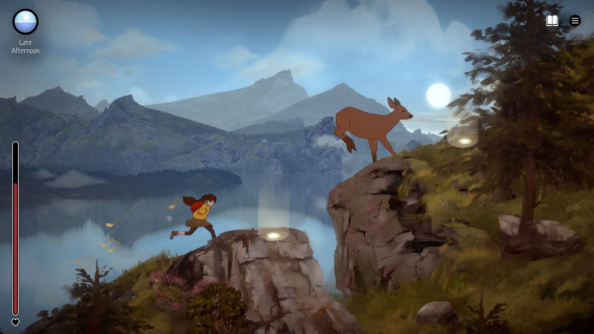 A girl runs up a mountain in the Scottish Highlands in A Highland Song. A deer rushes up in front of her.