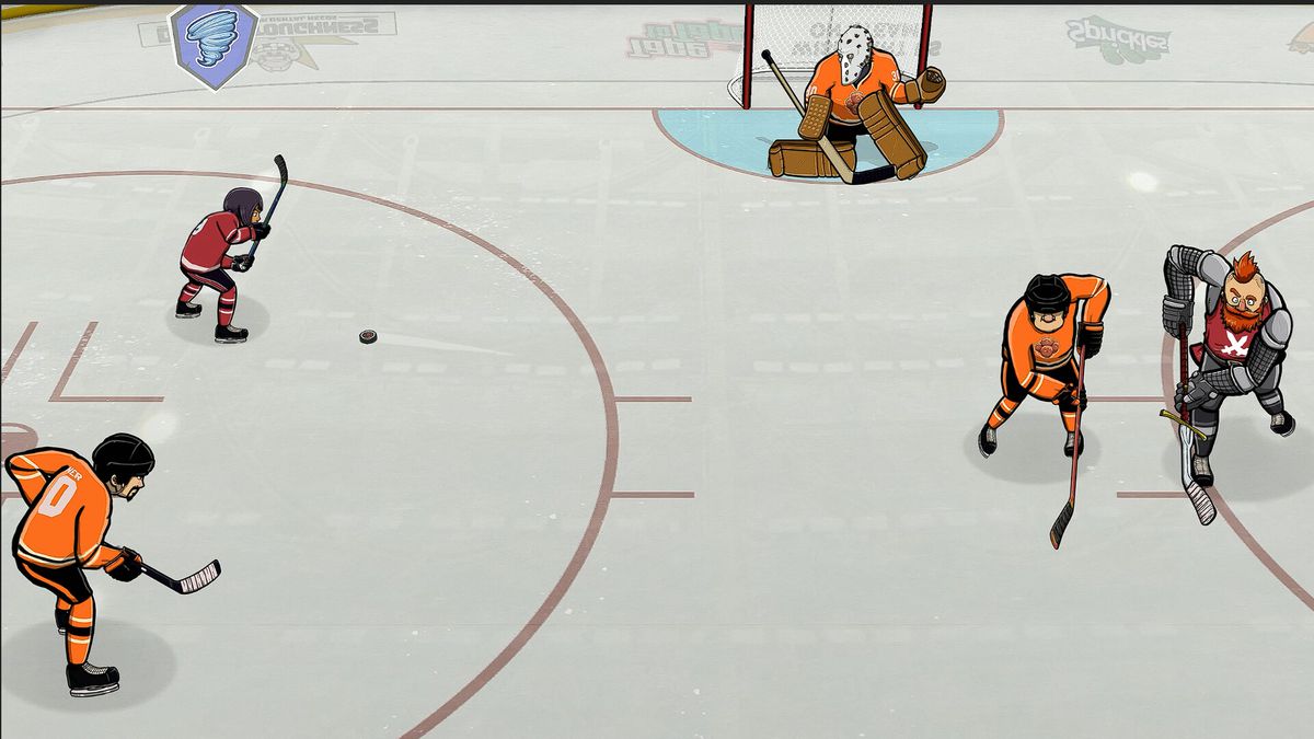 Screenshot from Tape to Tape showing a bunch of hockey players on the ice. One team is wearing orange, the other black.