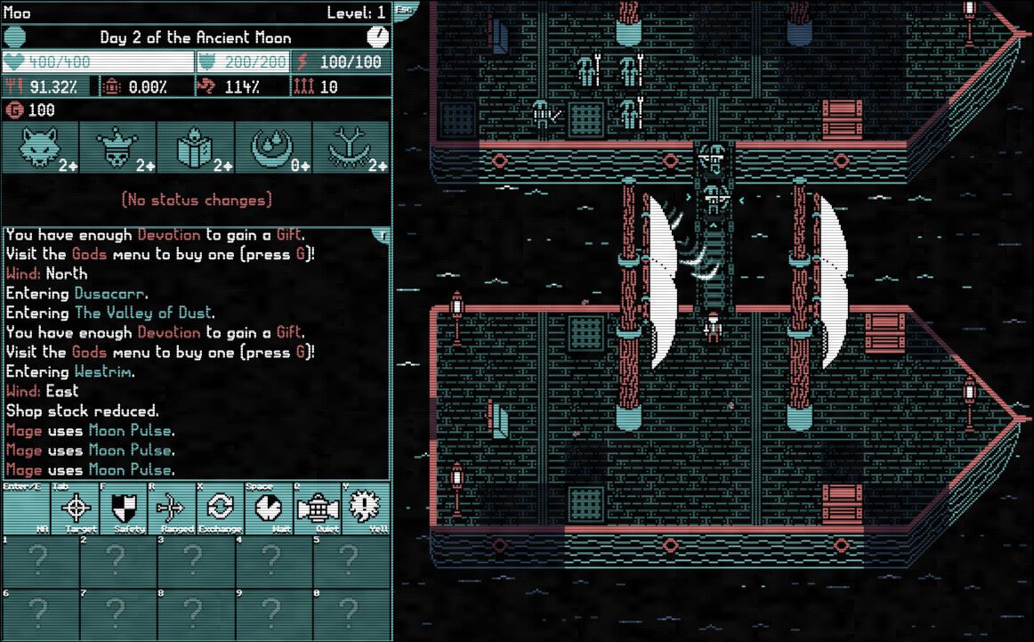 Screenshot from Moonring, showing retro pixel boat. On the side, there’s a text input screen.