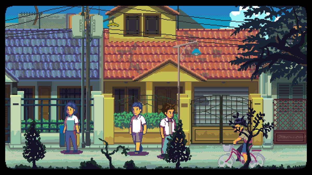 A row of houses in which the centered one is yellow, rendered in pixel art. Several people stand in front of the homes. (Screenshot from A Space for the Unbound)